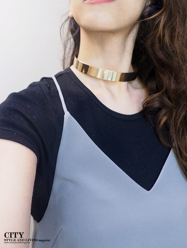 City style and living magazine Editors Notebook style fashion blogger slipdress metallic choker Fairmont hotel vancouver closeup