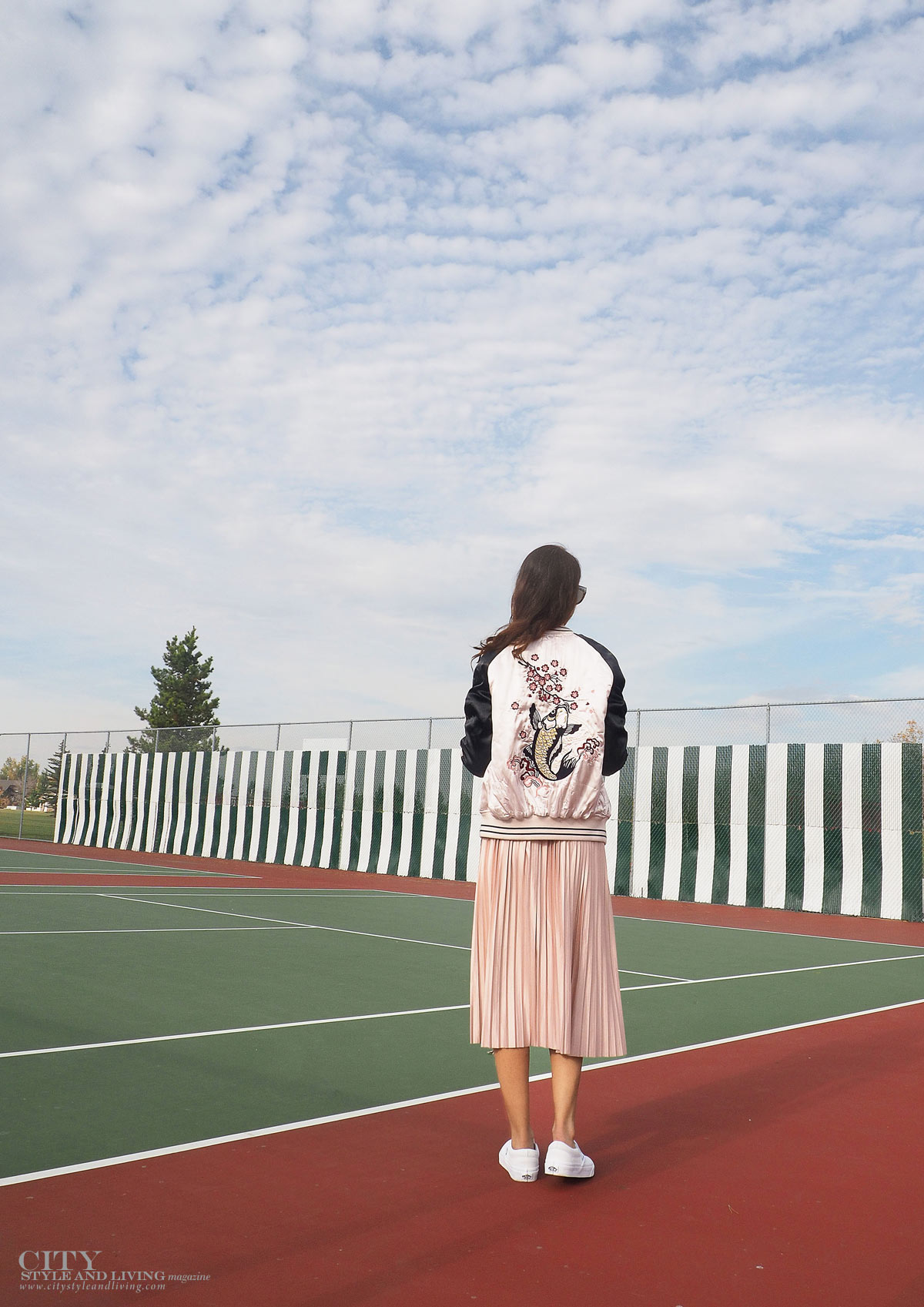 City STyle and Living The Editors Notebook style blogger tennis court topshop metallic skirt, off shoulder free people top, le specs sunglasses and white sneakers and topshop bomber jacket