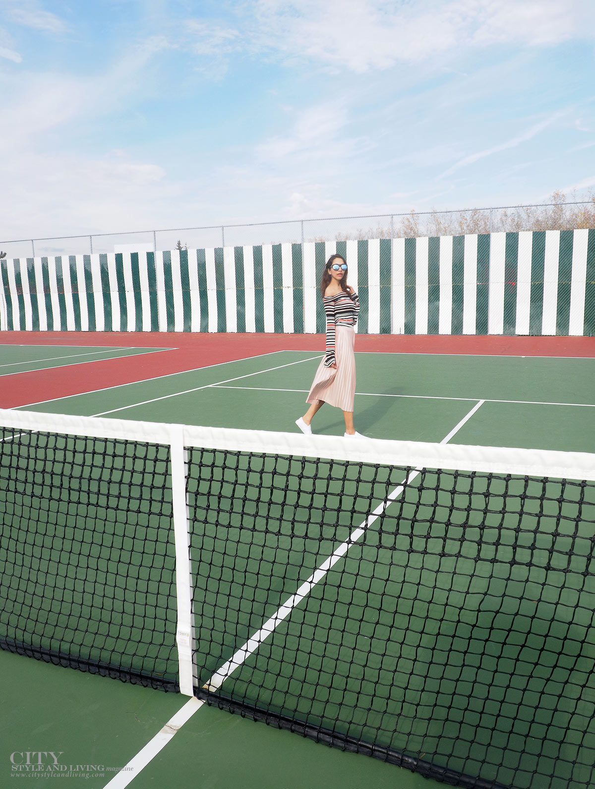 City STyle and Living The Editors Notebook style blogger tennis court topshop metallic skirt, off shoulder free people top, le specs sunglasses and white sneakers walking by net 2