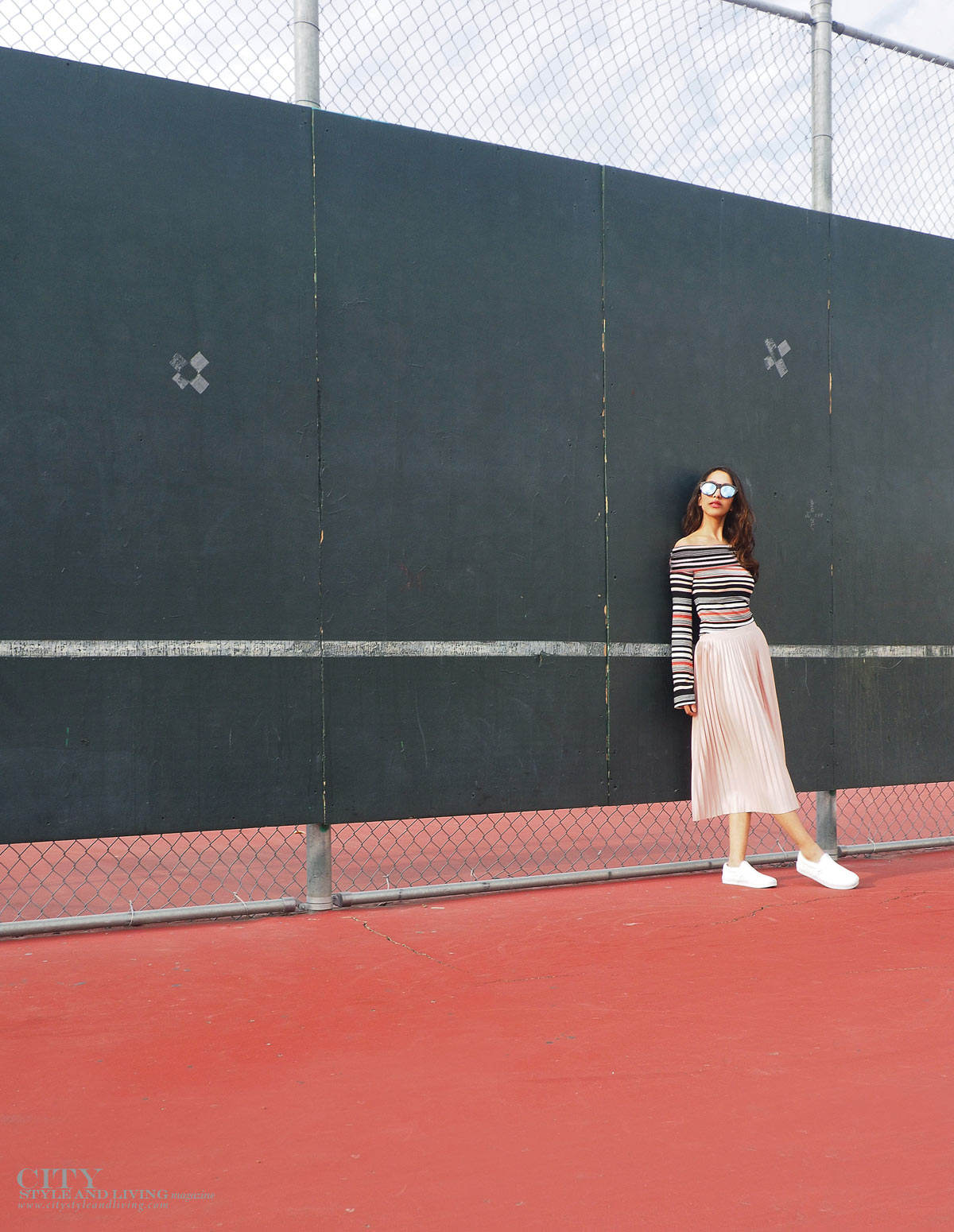City STyle and Living The Editors Notebook style blogger tennis court topshop metallic skirt, off shoulder free people top, le specs sunglasses and white sneakers leaning