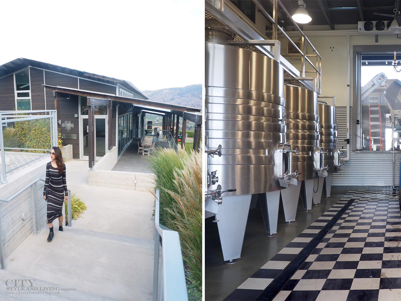 The Editors Notebook style blogger at Culmina family estate winery carbernet stripe maxi dress walking at tasting room and inside wine making
