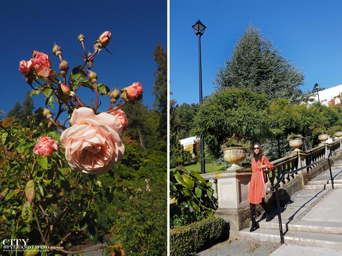 City style and living magazine Editors Notebook style fashion Shivana M blogger Hatley Castle and Gardens rose and floral dress with knee high black boots