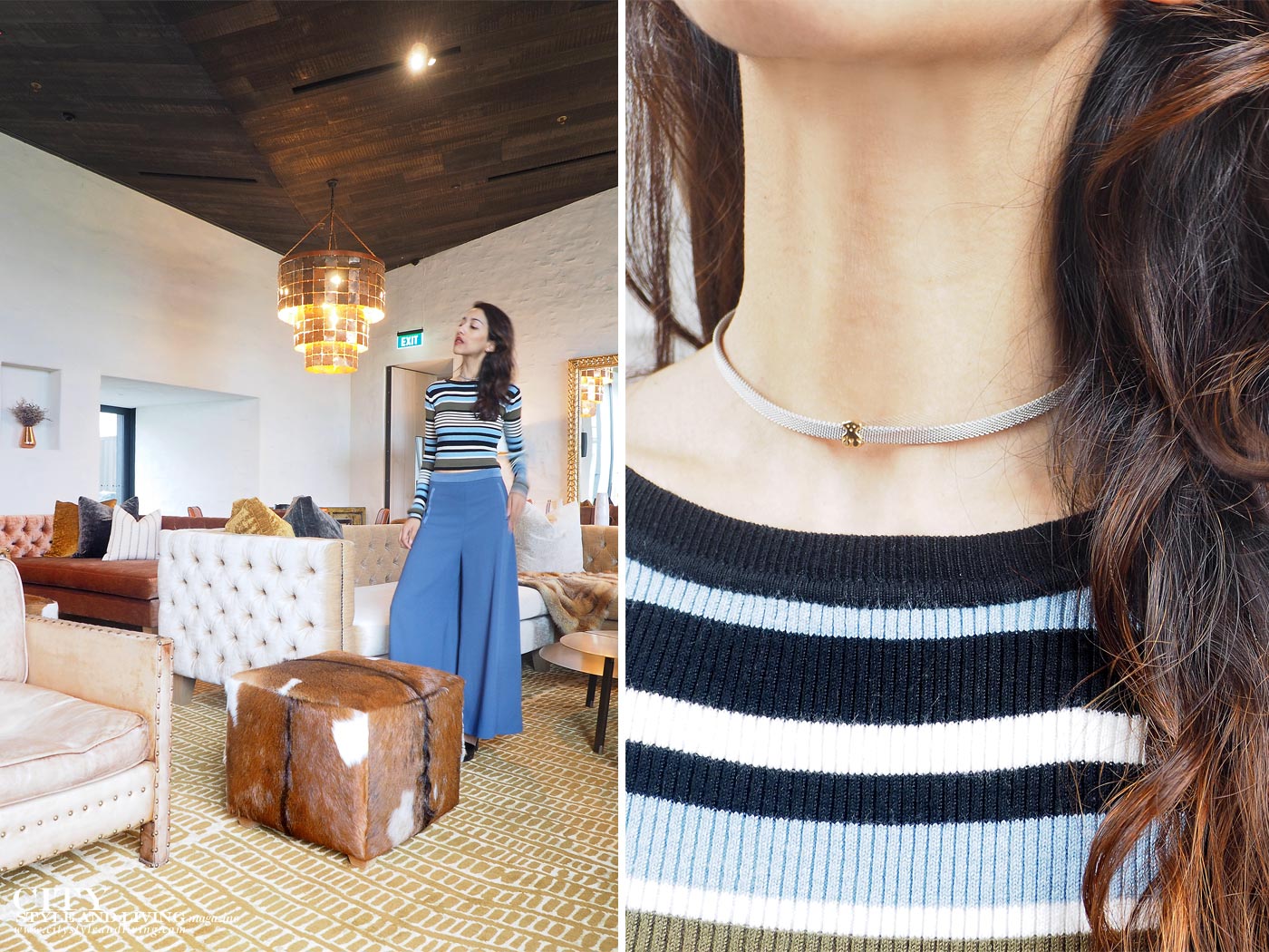 City style and living magazine Editors Notebook style fashion blogger Shivana M kinloch club clubhouse great room culottes and striped croptop closeup of tous necklance