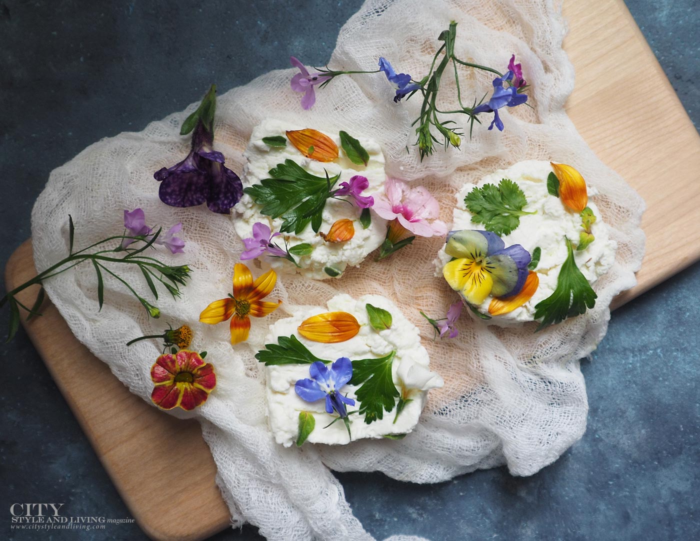 City Style and Living Magazine Goats Cheese close up with flowers for summer