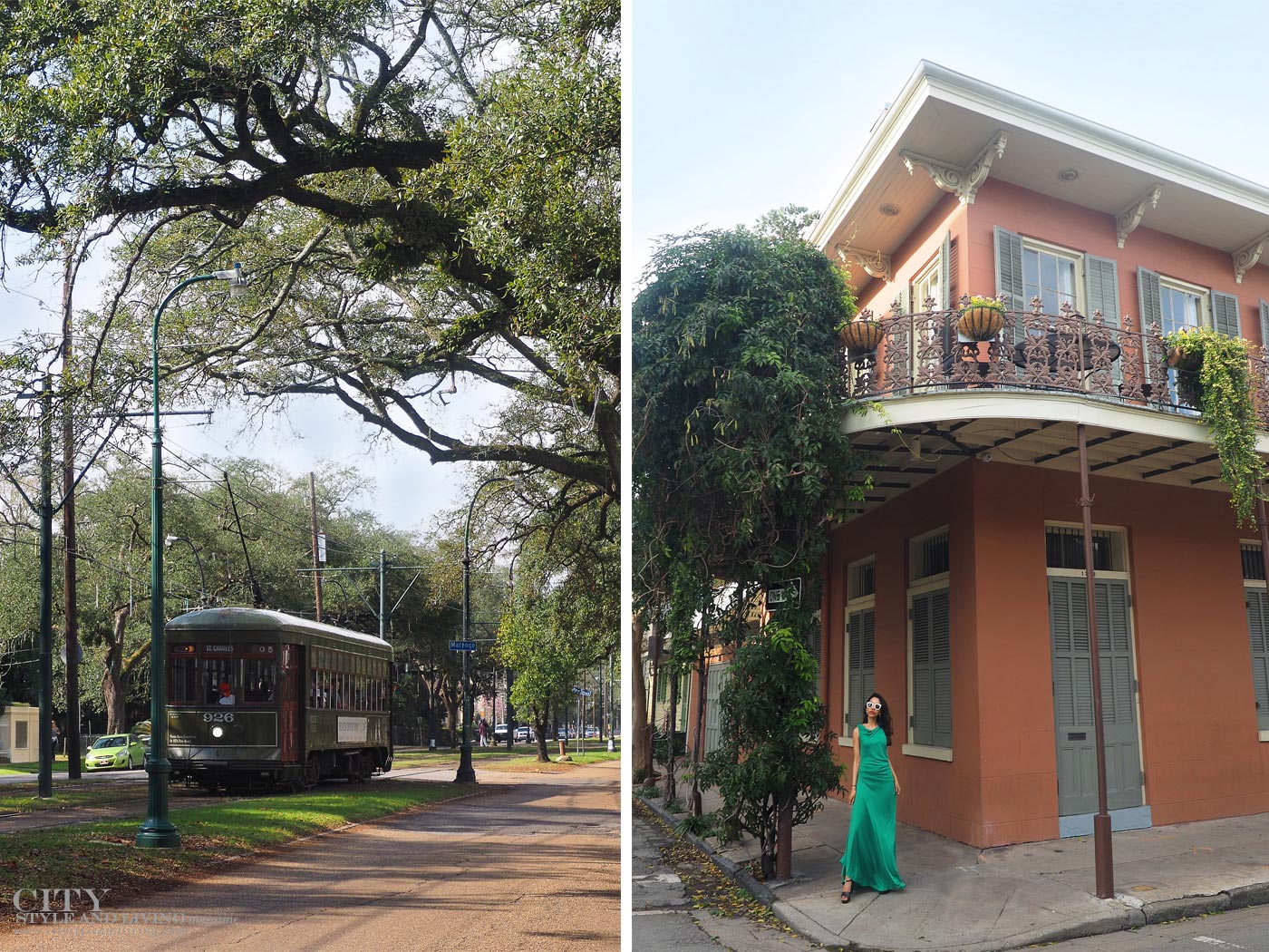City style and living magazine The Editors Notebook style fashion blogger Shivana Maharaj French Quarter New Orleans Soniat House Balcony wearing BCBG Max Azria green maxi dress garden district tram