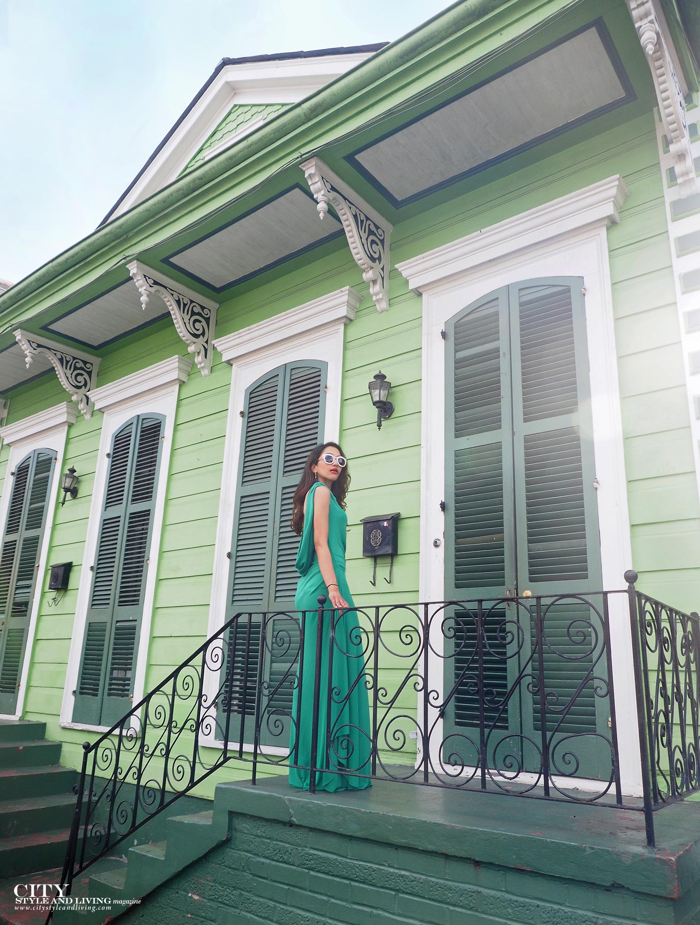 City style and living magazine The Editors Notebook style fashion blogger Shivana Maharaj French Quarter New Orleans Soniat House Balcony wearing BCBG Max Azria green maxi dress st. ann street