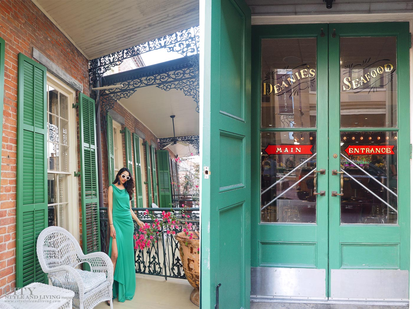 GreeCity style and living magazine The Editors Notebook style fashion blogger Shivana Maharaj French Quarter New Orleans Soniat House Balcony wearing BCBG Max Azria green maxi dress and deanies seafood green doornDressCollagewatermark