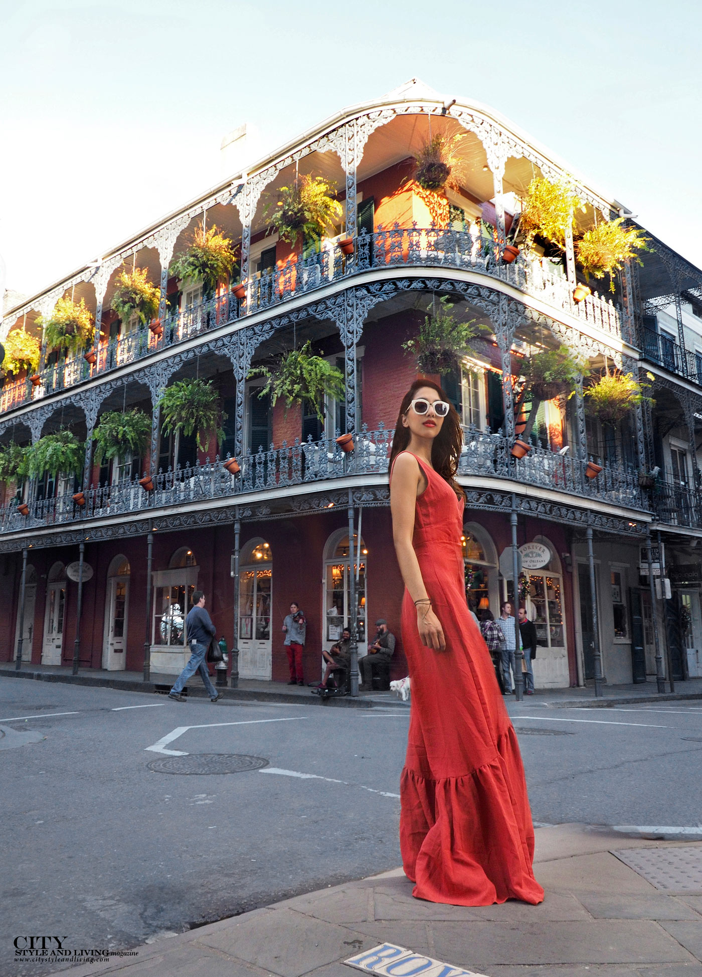 City style and living magazine The Editors Notebook style fashion blogger Shivana Maharaj New Orleans French Quarter Orange Dress Bourbon Street Architecture