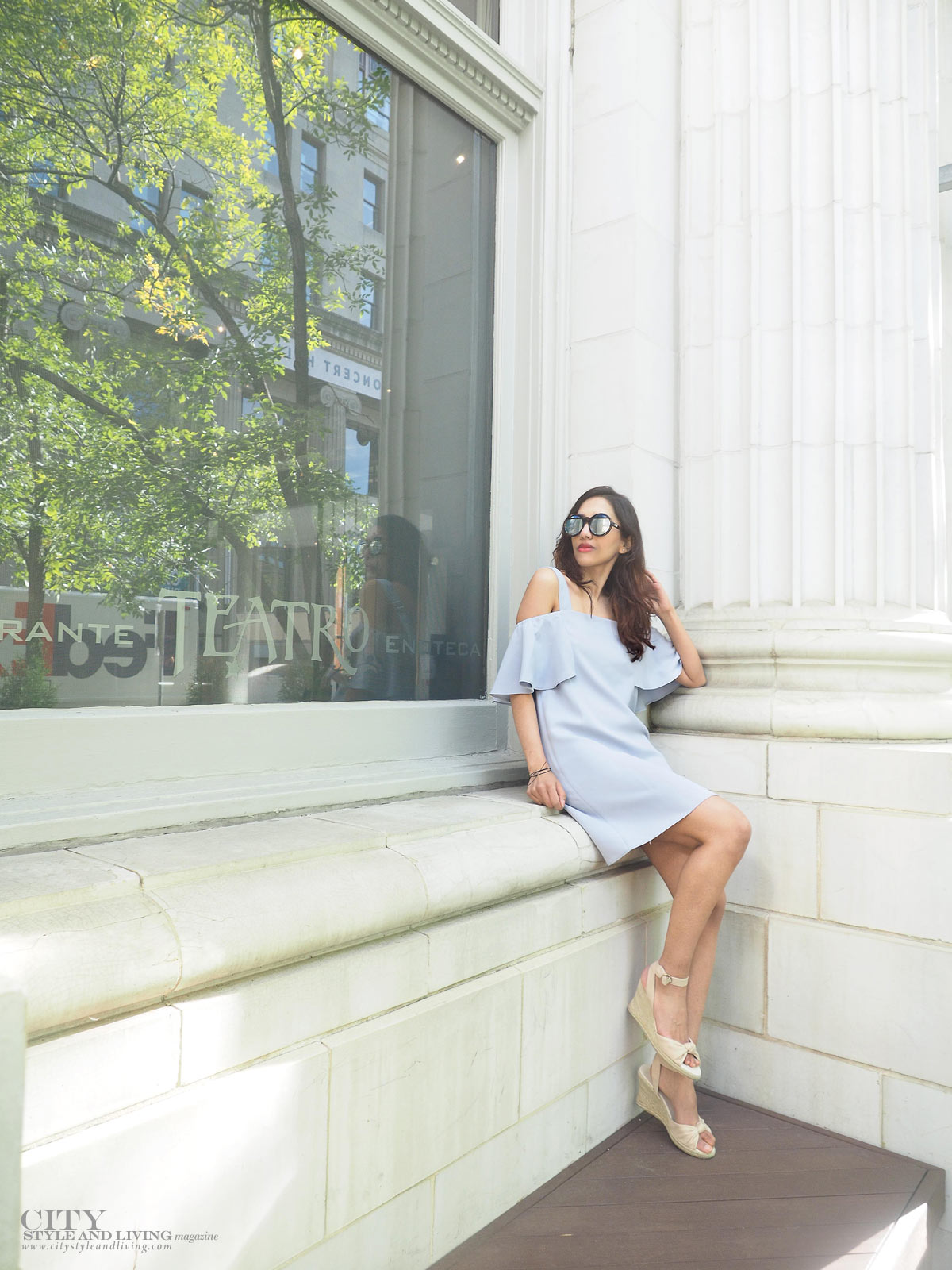 City STyle and Living The Editors Notebook style blogger Downtown Calgary colourful flowers blooming during summer wearing an off shoulder topshop dress and wedges at teatro