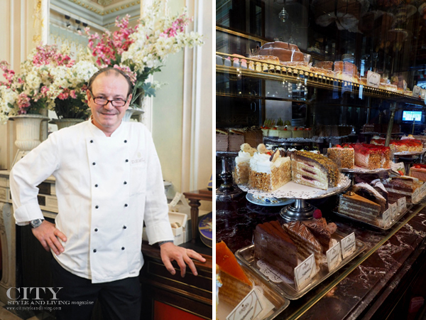 Chef Dietmar Muthenthaler and cakes at a counter display at Demel in Vienna Austria.