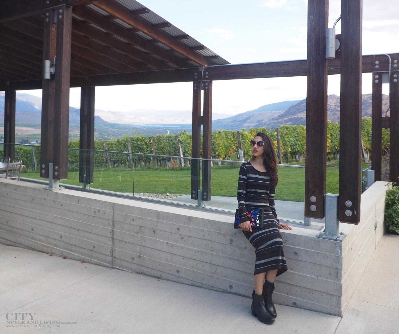 The Editors Notebook style blogger at Culmina family estate winery carbernet stripe maxi dress, tous purse and chelsesa boots