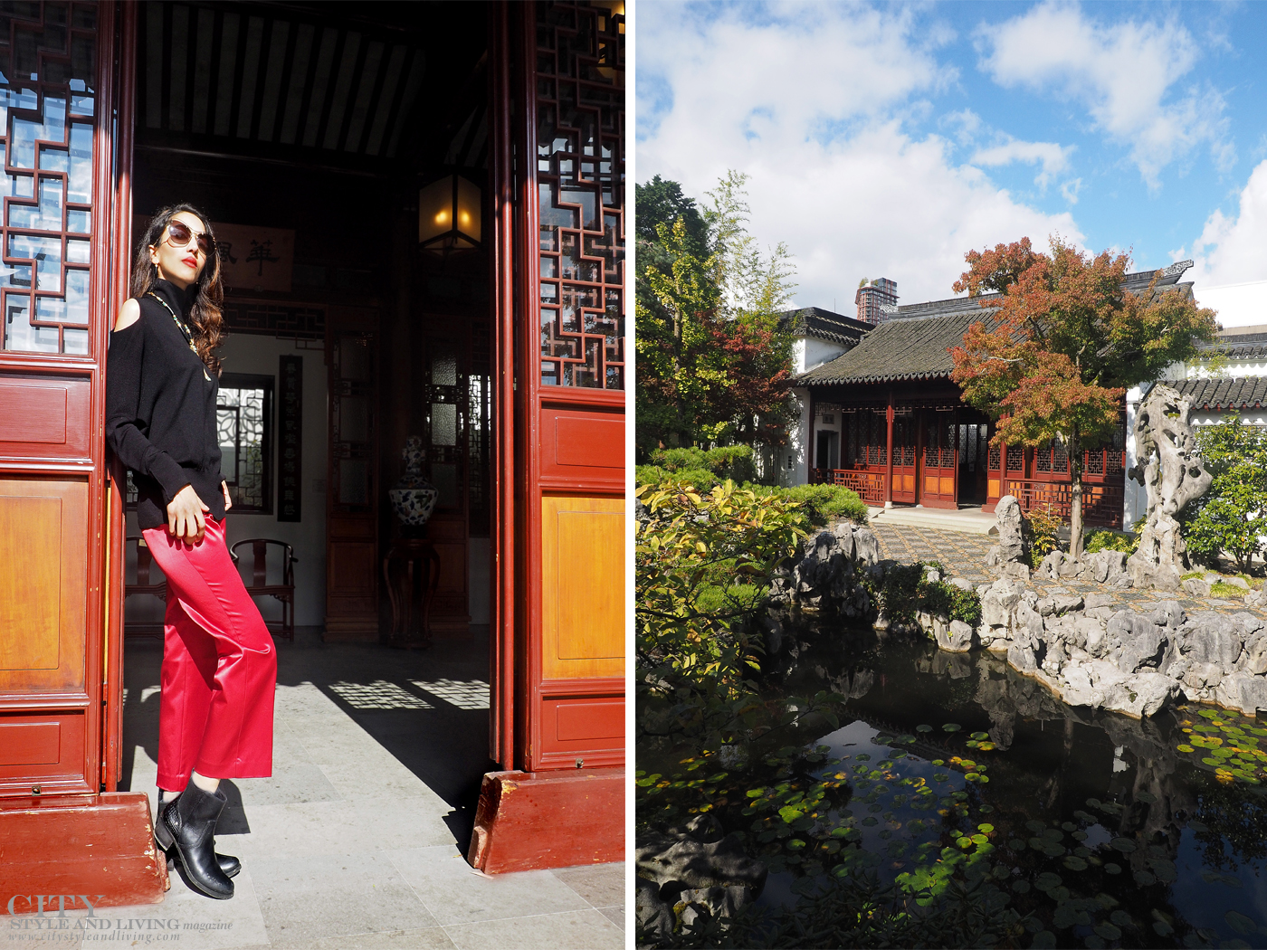 City Style and Living The Editors Notebook style blogger at Dr. Sat Yuen Sen Chinese Gardens in Vancouver wearing a cashmere top and red cropped pants