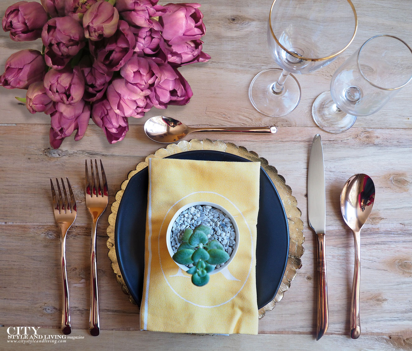 city style and living magazine rose gold flatware towle table setting with succulent