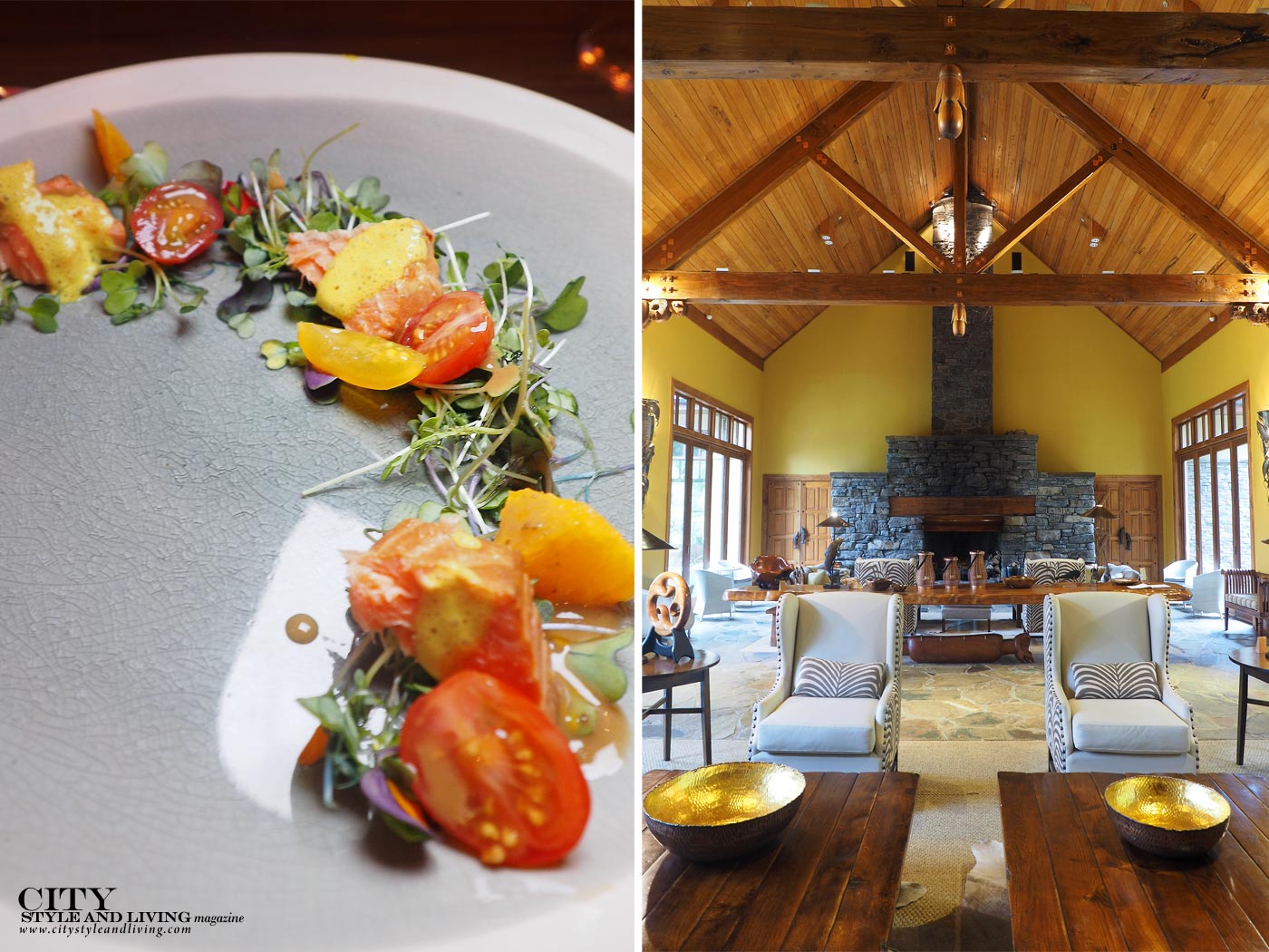 City Style and Living Magazine treetops lodge and estate dinner salad and interior of great hall