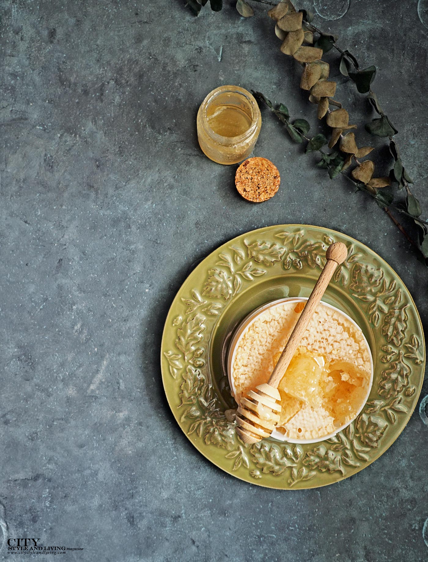 City Style and Living Magazine Gourmet Food Honey on plate and honeycomb