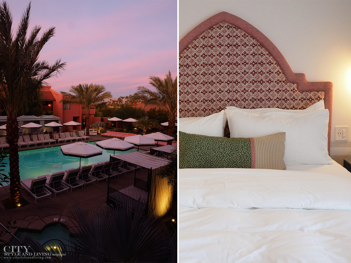 City Style and Living Magazine Winter 2018 Travel Greater Palm Springs California Sands Hotel and Spa Sunset Pool and inside room