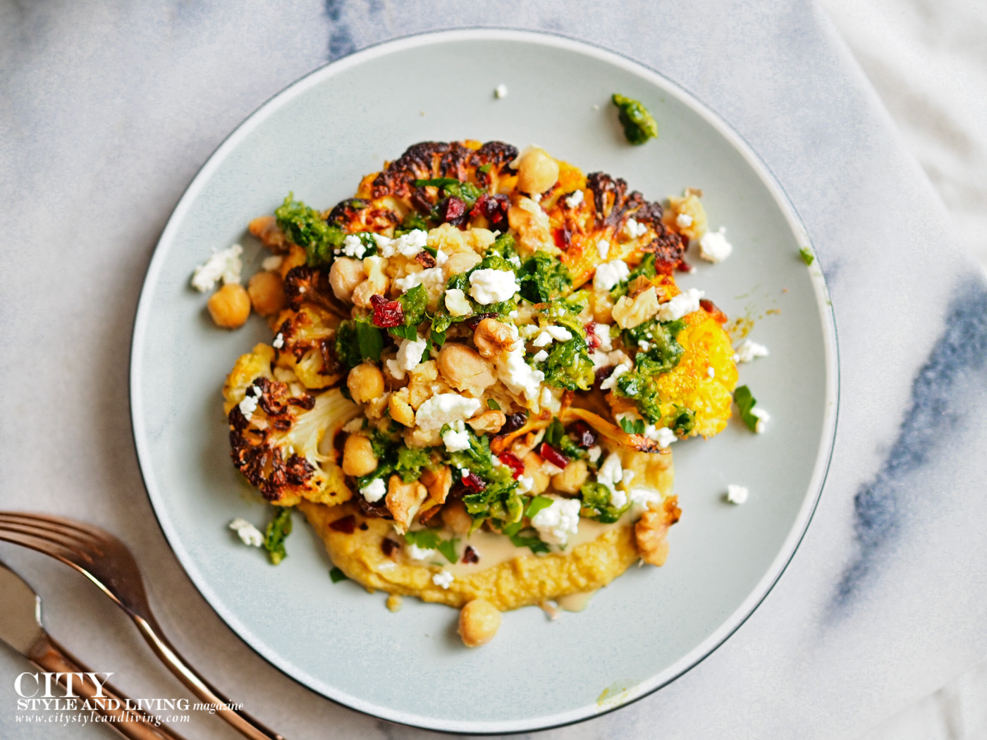 City Style and Living Fall 2021 Roasted Cauliflower Steak with Pesto, Chickpeas, Feta and Hummus